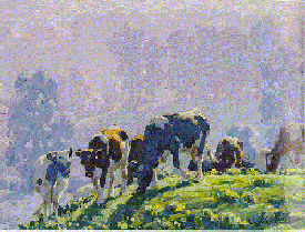 A
hazy,
dream-like depiction of cows out to pasture
