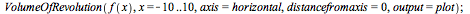 VolumeOfRevolution(f(x), x = -10 .. 10, axis = horizontal, distancefromaxis = 0, output = plot); 1