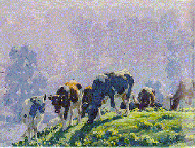A 
hazy, 
dream-like depiction of cows out to pasture