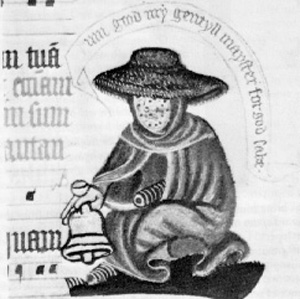 Drawing of leper with bell in the margins of a text of a fourteenth century manuscript.